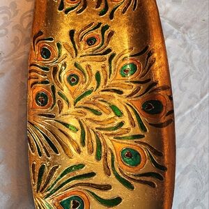 PIER ONE IMPORTS ROYAL PEACOCK FEATHERS WALL ART/VANITY TRAY 27” LONG HEAVY RARE